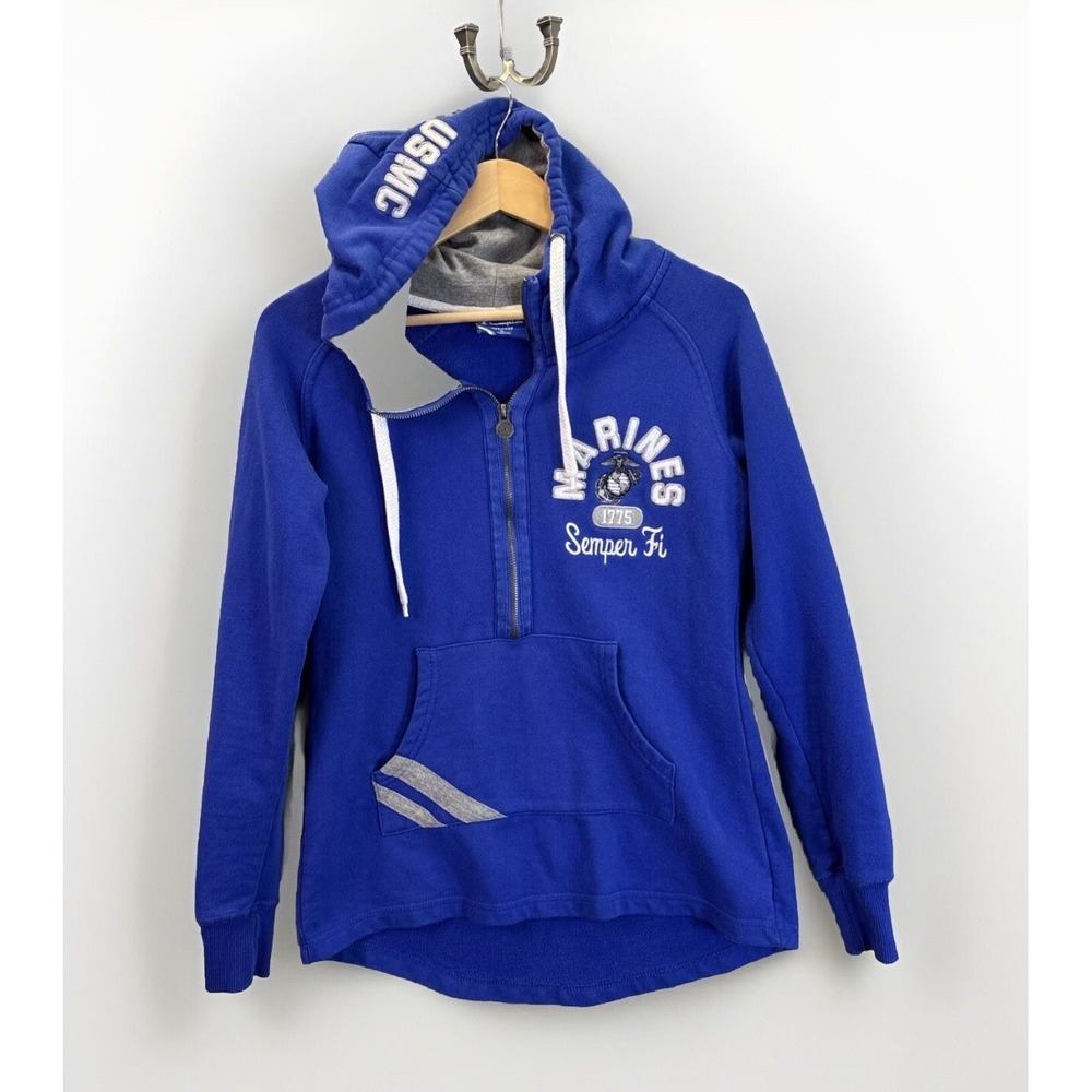 USMC Women's Hoodie Spell-Out Semper Fi Blue S Marines Logo Champion 1/4 Zip